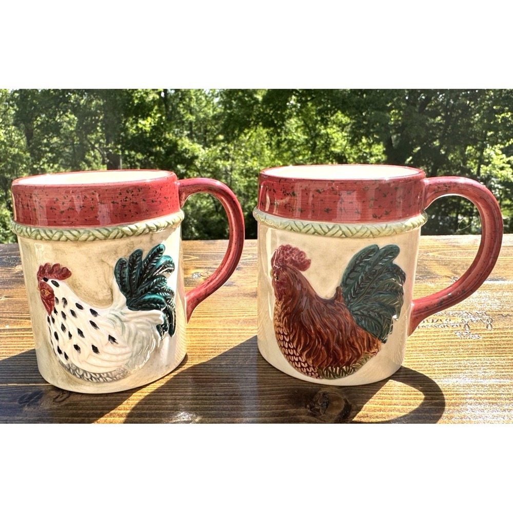 Farmhouse Rooster Coffee Mug Set World Market Chicken Red Rim 14oz Pair